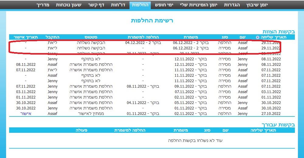 החלפת משמרות בממשק מנהל